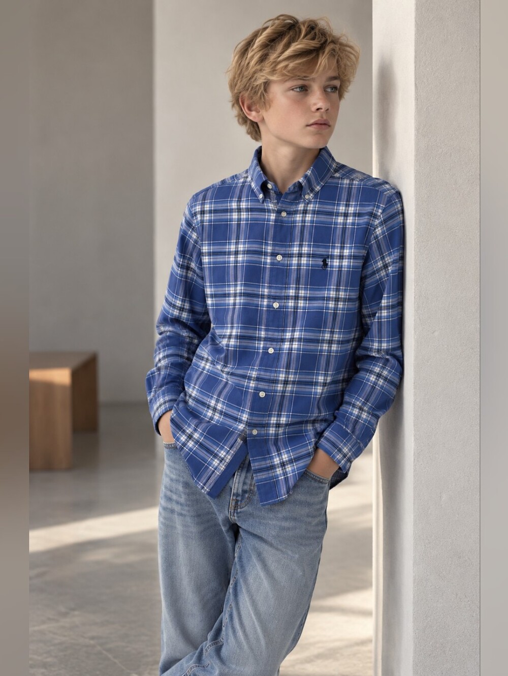 Ralph Lauren Kids Blue Plaid Button Down Shirt Pony Logo L 14-16
